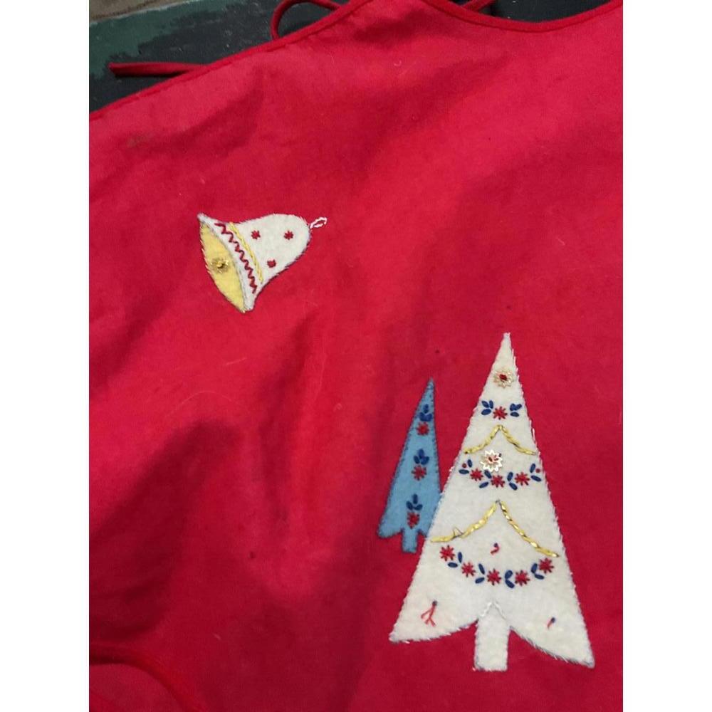 Vintage Red Christmas Tree Skirt with Holiday Embroidery - Picture 3 of 8
